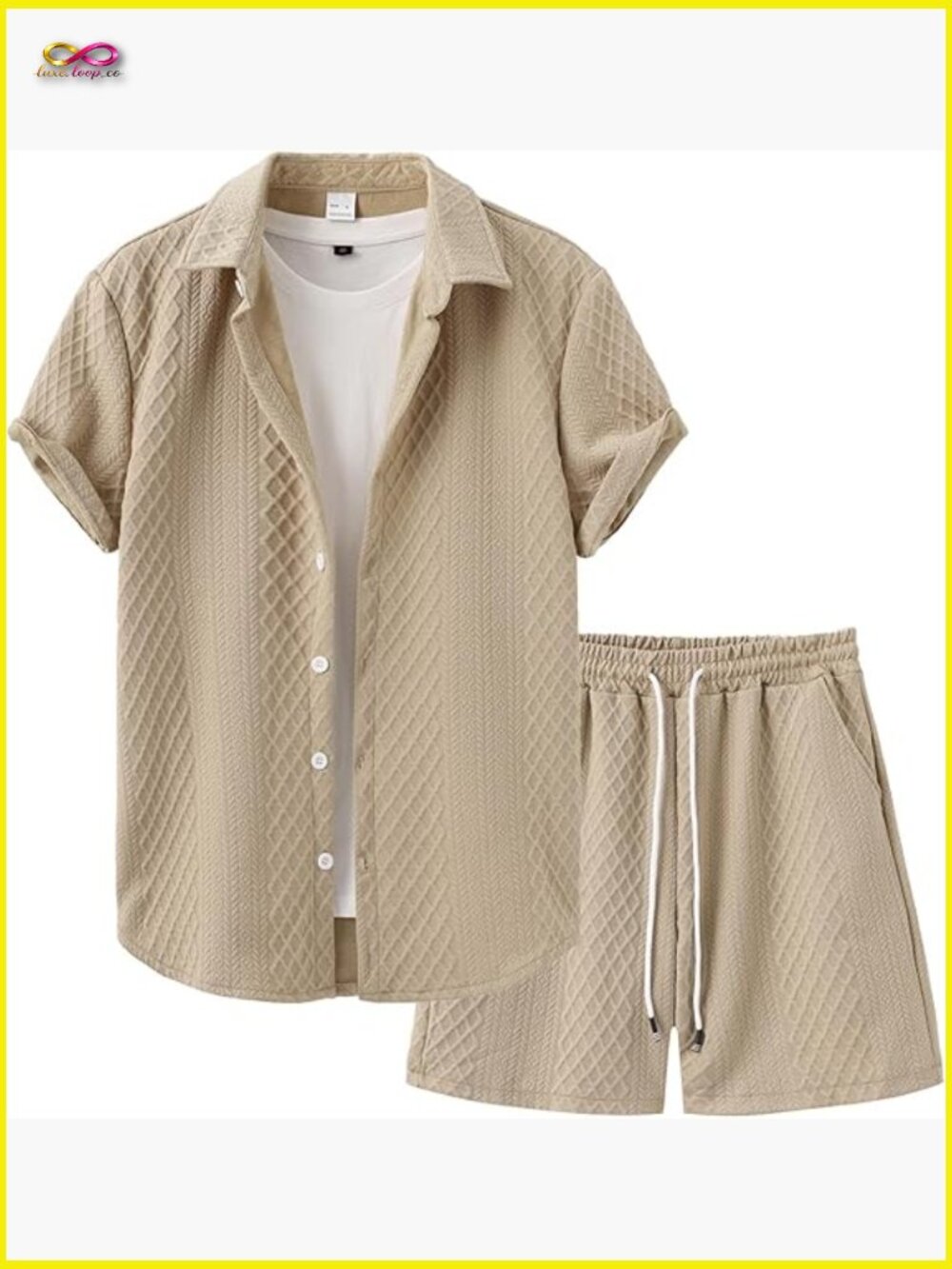 Mens 2 Piece Summer Outfit Waffle Button Down Beach Vacation Set